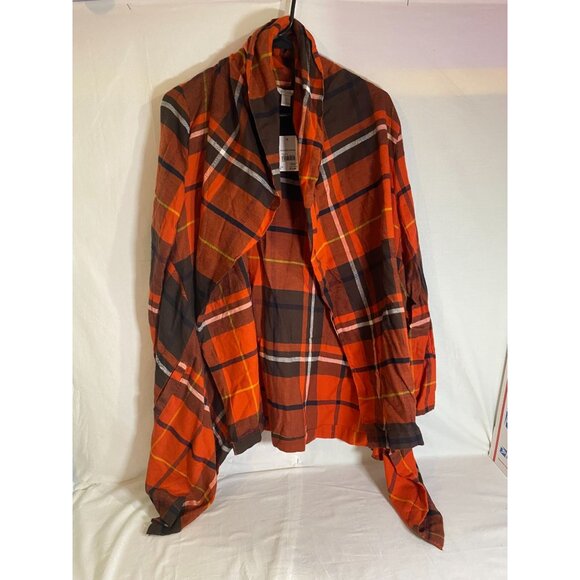 C Est 1946 Orange Autumn Plaid  Long Sleeve Wrap with Belt w pockets Size S NWT - Picture 1 of 8